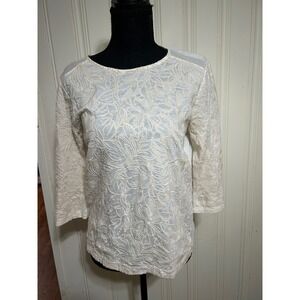 J.Crew Womens S Ivory Cotton Embroidered Floral 3/4 Sleeve Top Shirt Boho Basic